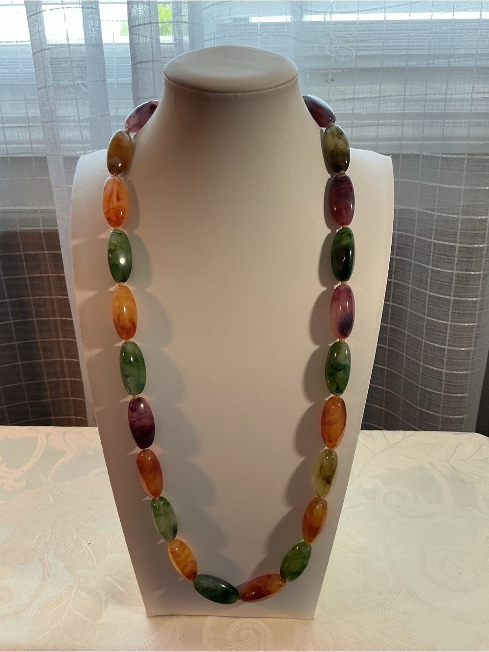 Multicolored Acrylic Agate Style Marbled Oval Strand Bead Necklace